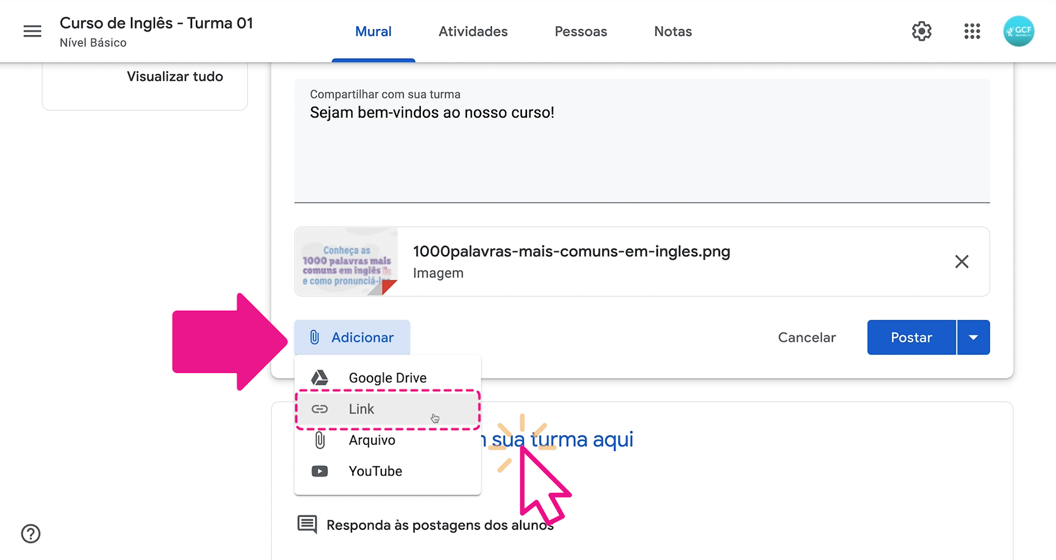 como incluir um link no mural do google sala de aula - imagem1